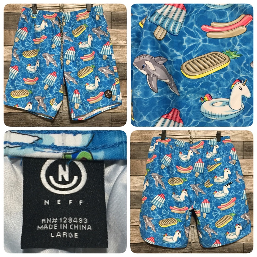 Neff Drawstring Shorts Men’s L Blue (Inseam 9) Unicorn Whale Popsicle Print